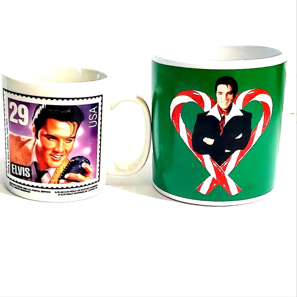 2 ELVIS PRESLEY COFFEE MUGS. SIGNATURE PRODUCT LARGE MUG & 1992 POSTAL STAMP MUG